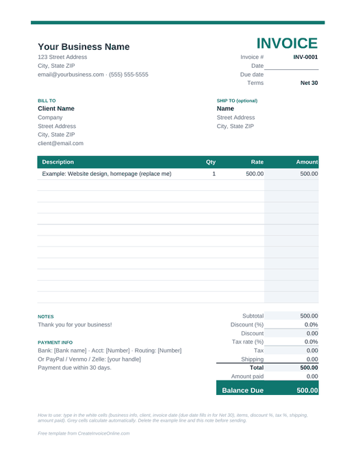 Preview of the Excel invoice template