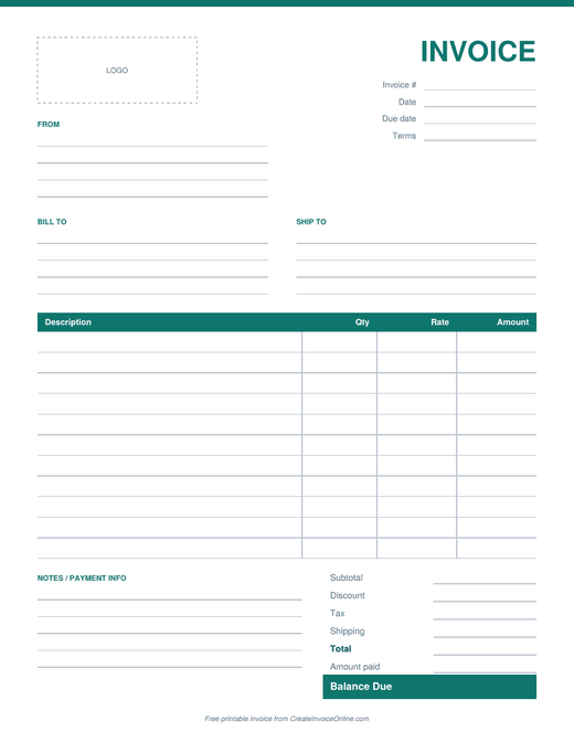 Preview of the Printable blank invoice