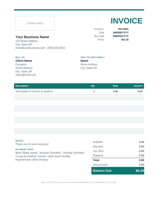 Preview of the Word invoice template